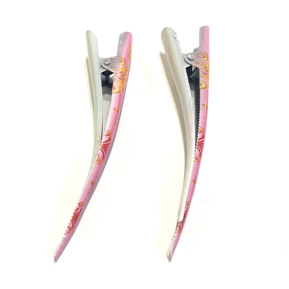 Updo Hair Clips Set of 2 Pink With Yellow Red Peacock Print - Picture 5 of 5